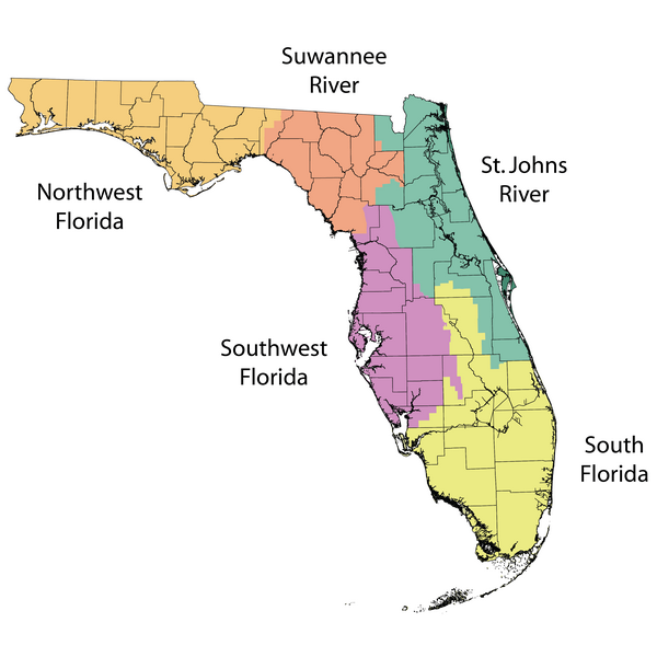 Map showing Florida's five water management district regions